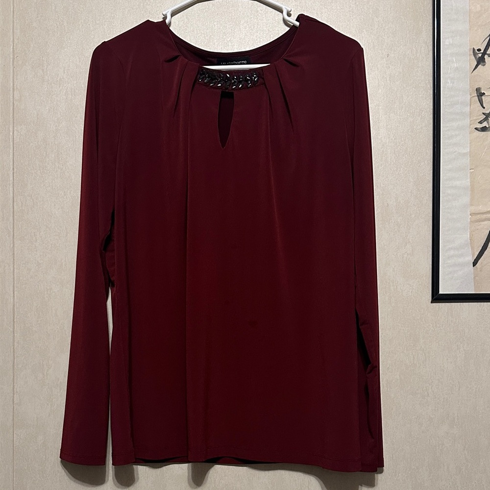 GUC Liz Claiborne Deep Red Long Sleeve Blouse with Keyhole Design